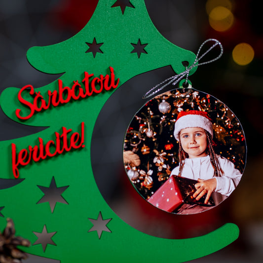 Bradut din lemn cu fotografie, 19x17cm