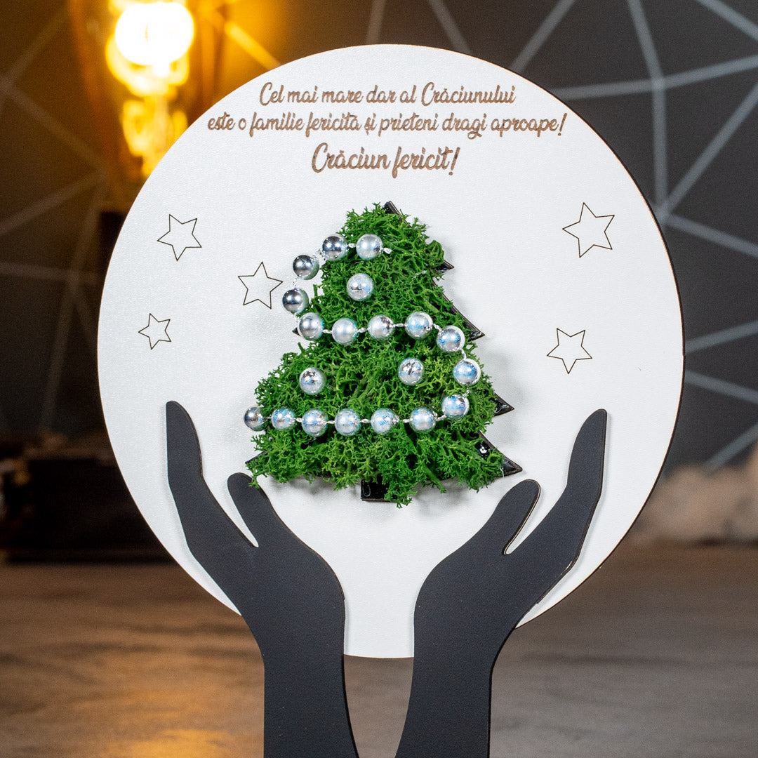 Cadou personalizat cu bradut din licheni - Craciun fericit, 23x21cm