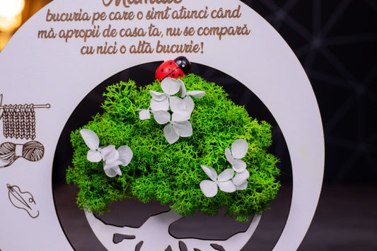 Cadou pentru mamaie cu licheni si mesaj gravat, 18x18cm