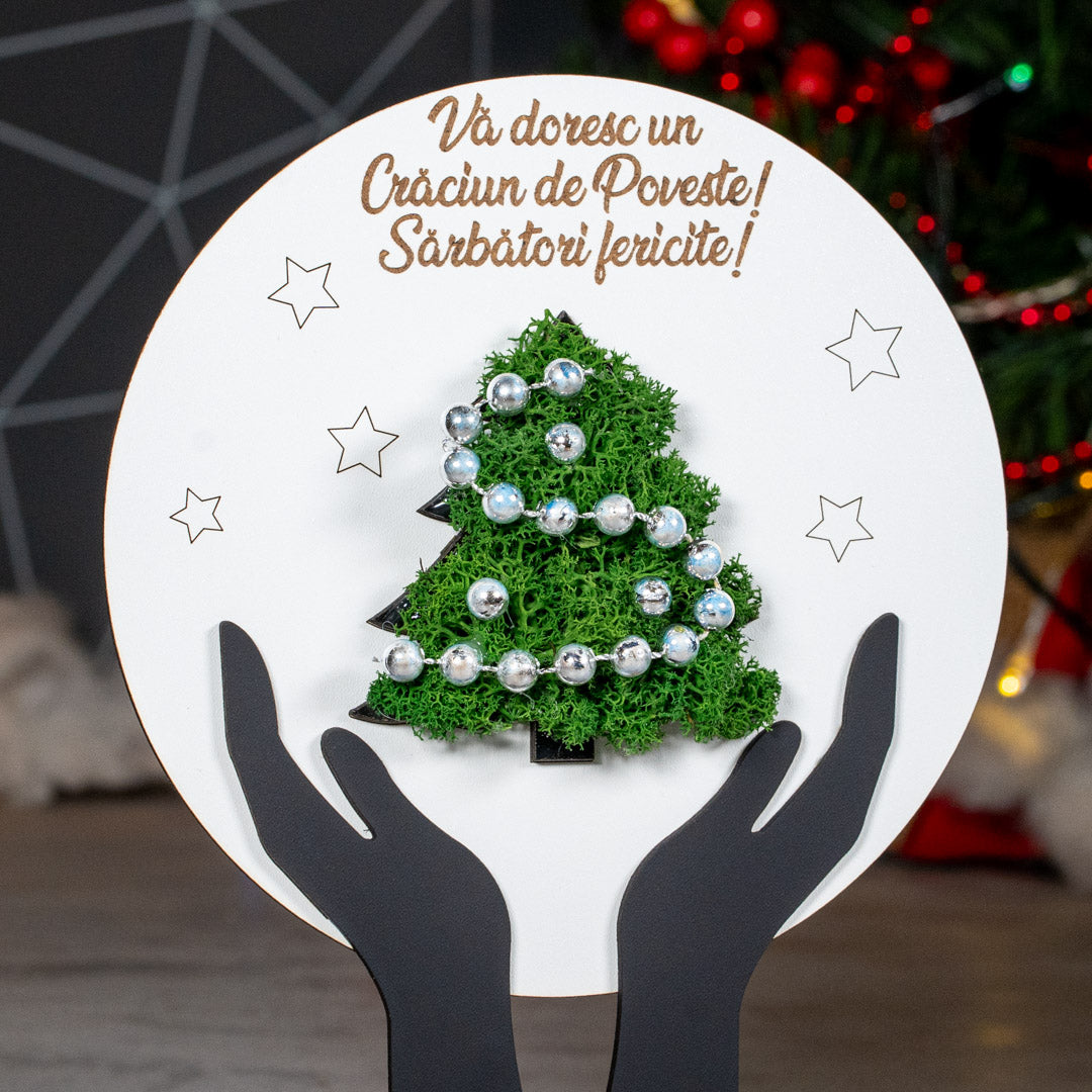 Cadou personalizat cu bradut din licheni - Sarbatori fericite, 23x21cm