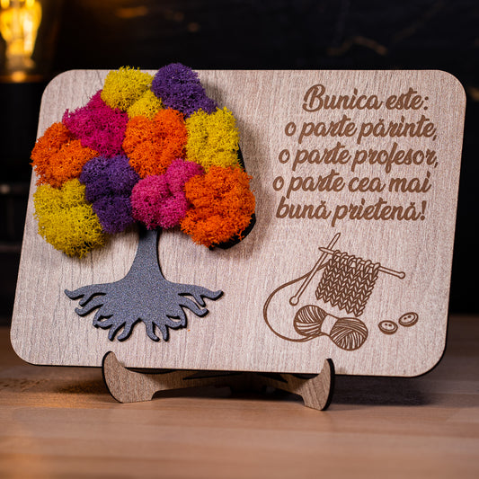 Cadou cu pomul vietii din licheni pentru bunica, 20x15cm