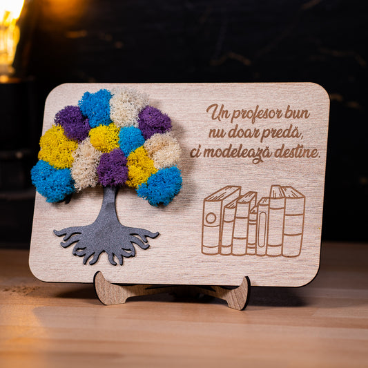 Cadou handmade pentru profesori – lemn gravat și licheni stabilizați