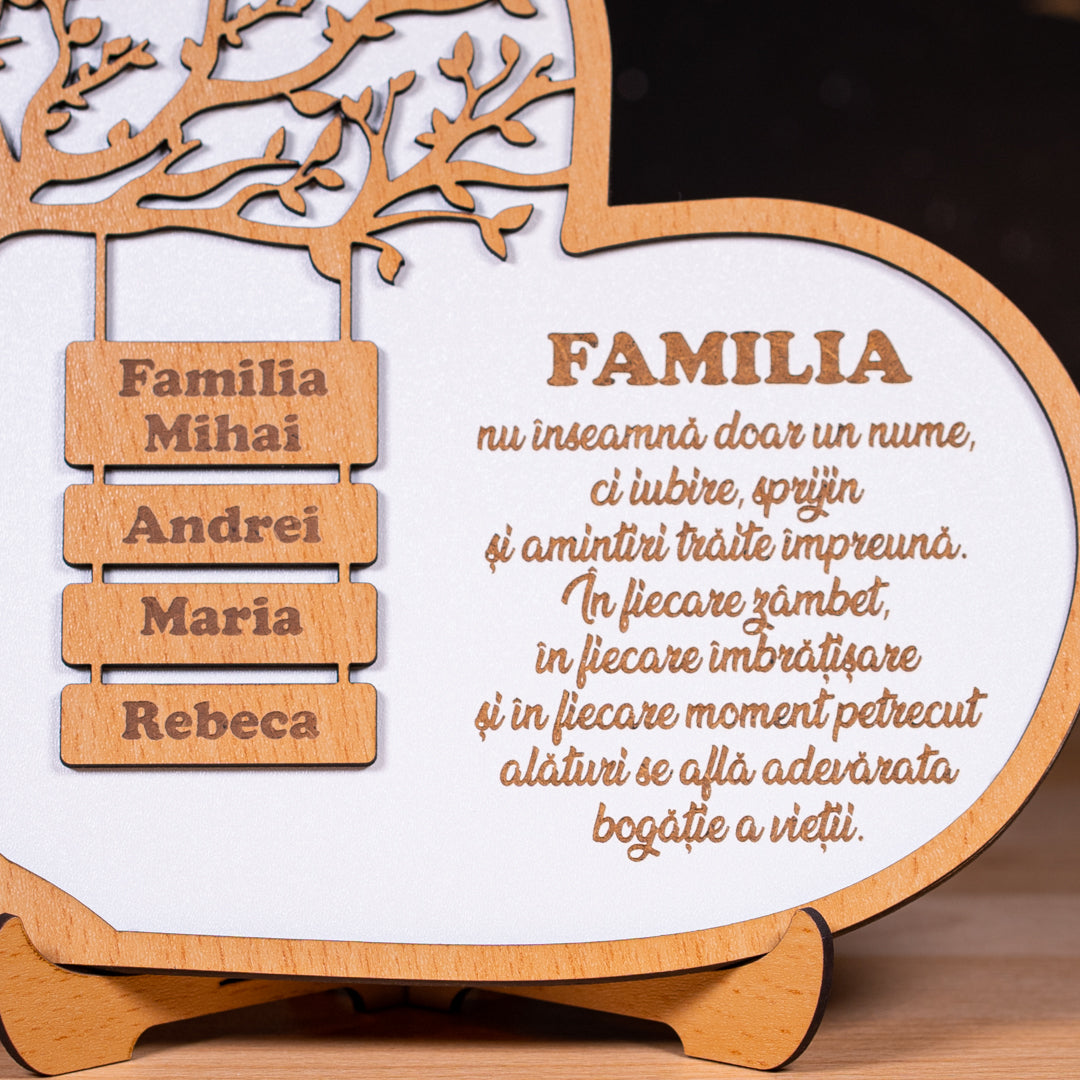 Dar pentru familie – inimă gravată cu numele celor dragi