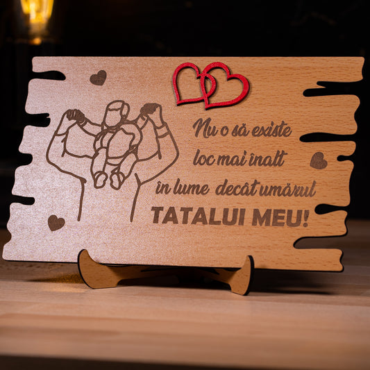 Cadou pentru tata – placheta cu mesaj „Nu o să existe loc mai înalt în lume decât umărul tatălui meu”
