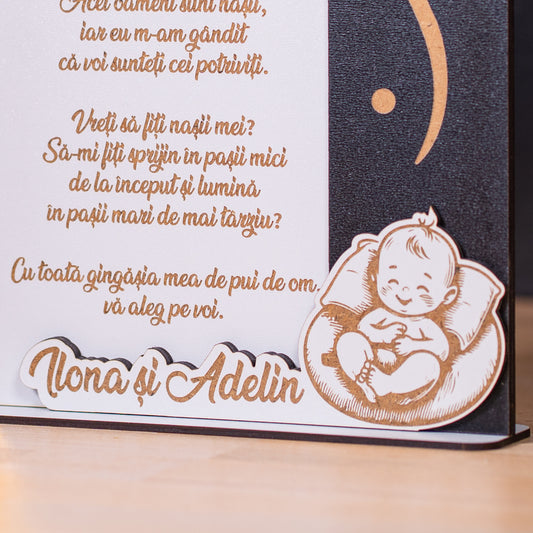 Cadou de cerere nași – decor cu mesaj și simboluri de botez.