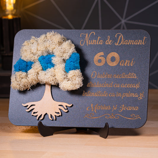 Cadou handmade pentru aniversare de nuntă – lemn gravat și licheni