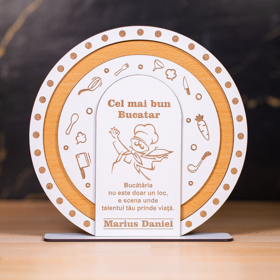 Cadou pentru maestru bucătar – trofeu cu tematică gastronomică.