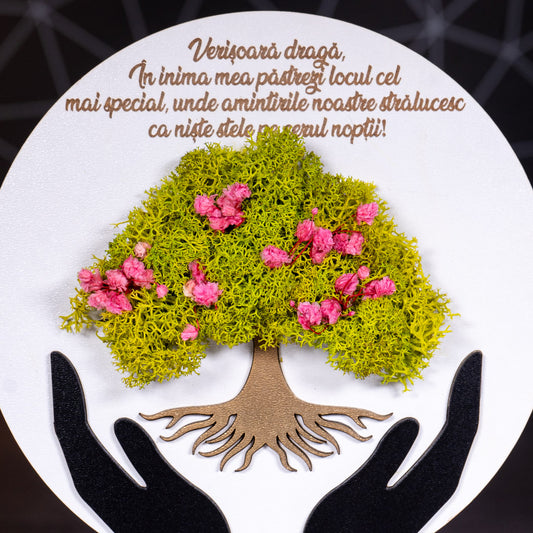 Cadou personalizat cu licheni pentru verisoara - Model copacul vietii in maini, 21x16cm