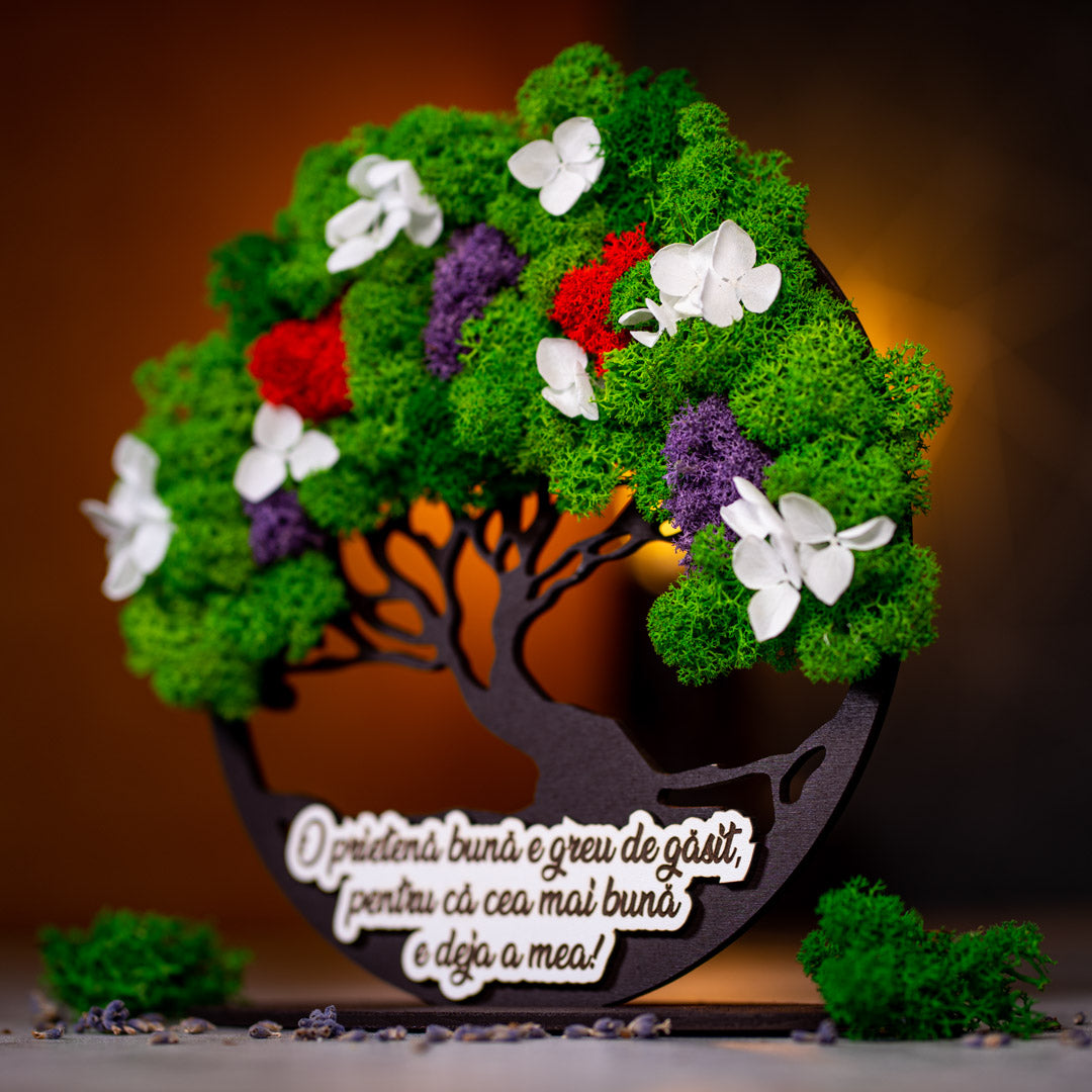 Copacul vietii din lemn cu licheni colorati si mesaj personalizat - Pentru prietena,21x20cm