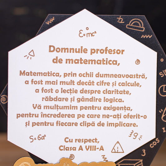Trofeu pentru profesor de matematică – design educațional gravat pe MDF.