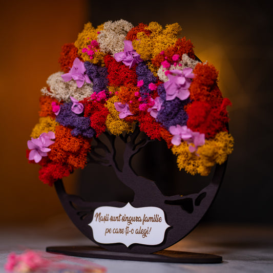 Copacul vietii din lemn cu licheni colorati si mesaj personalizat - Pentru nasi, 21x20cm