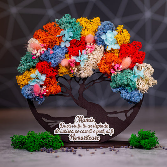 Copacul vietii din lemn cu licheni colorati si mesaj personalizat - Pentru mama, 21x20cm