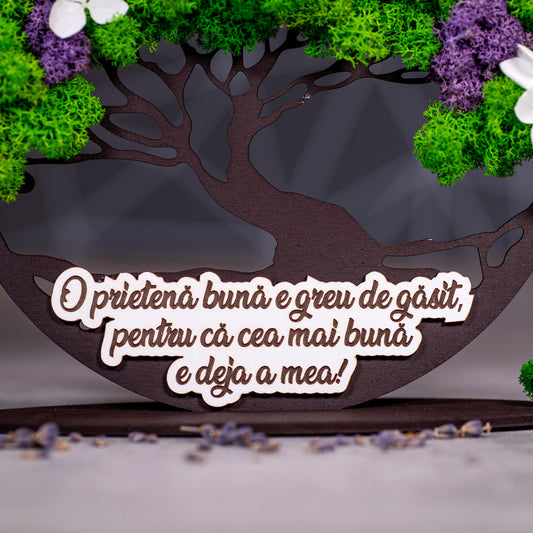 Copacul vietii din lemn cu licheni colorati si mesaj personalizat - Pentru prietena,21x20cm