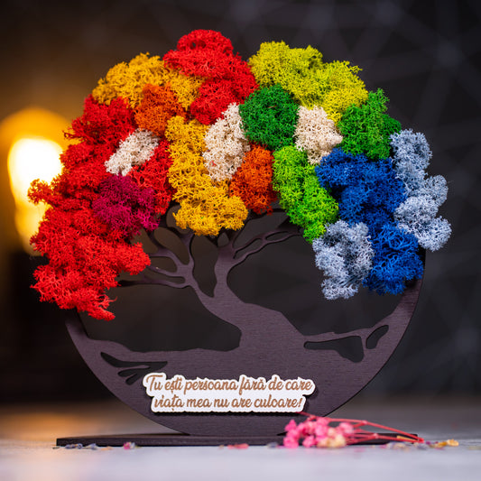 Copacul vietii din lemn cu licheni colorati si mesaj personalizat - Persoana iubita, 21x20cm