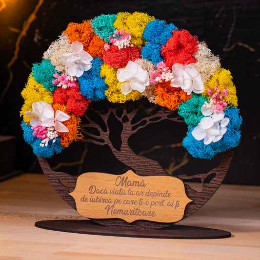 Copacul vietii din lemn cu licheni colorati si mesaj personalizat - Pentru mama, 21x20cm
