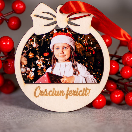 Globulet din lemn personalizat cu fotografie - Craciun Fericit, 9x10cm