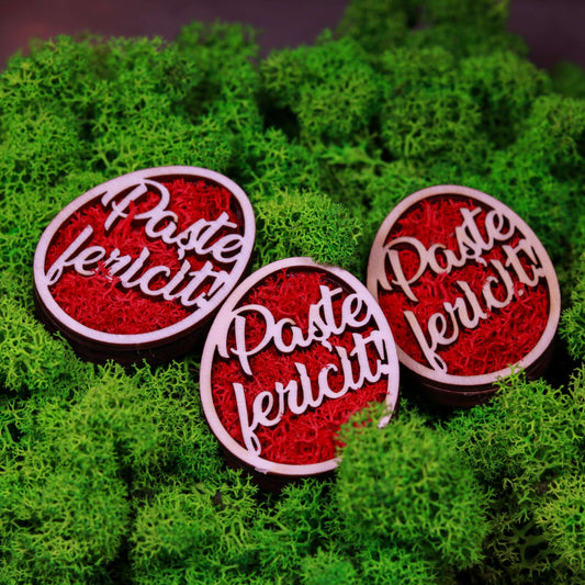 Magnet decorativ de Paște – Ou cu licheni și mesaj „Paște fericit” , 6x5cm