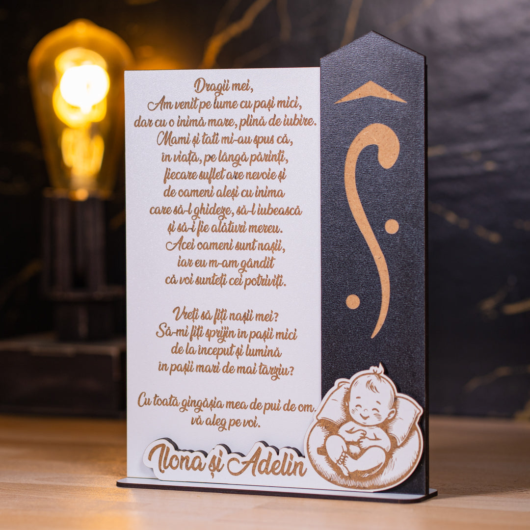 Plachetă elegantă pentru nași – cerere originală pentru botez.