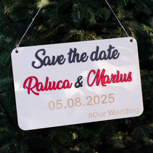Placuta Save the date personalizata cu numele si data evenimentului rustica, 36x23cm, ES013