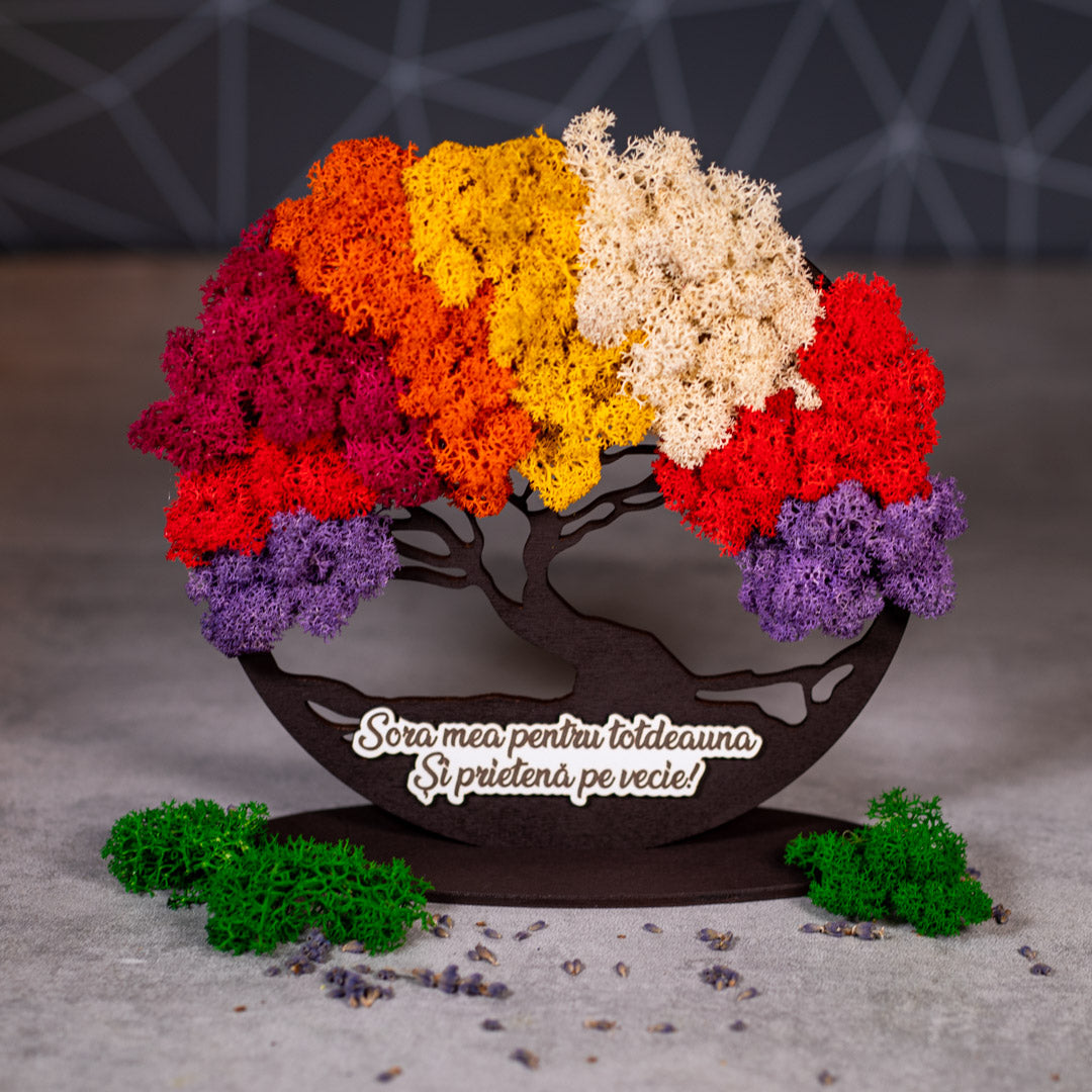 Copacul vietii din lemn cu licheni colorati si mesaj personalizat - Pentru sora, 21x20cm