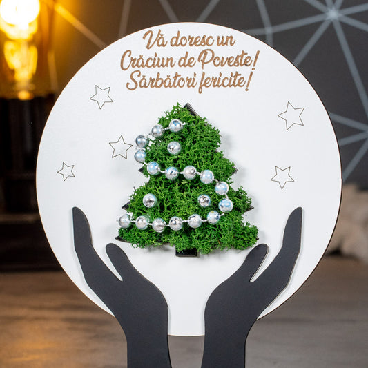 Cadou personalizat cu bradut din licheni - Sarbatori fericite, 23x21cm
