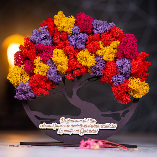 Copacul vietii din lemn cu licheni colorati si mesaj personalizat - La multi ani, 21x20cm