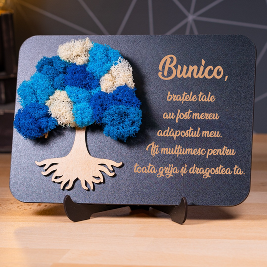 Decorațiune din lemn cu Pomul Vieții și text gravat – mulțumire pentru dragostea bunicii