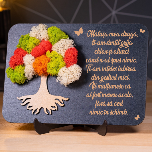 Tablou cu licheni colorați și mesaj emoționant pentru mătușă