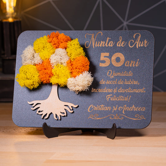 Cadou handmade pentru aniversare de nuntă – lemn gravat și licheni