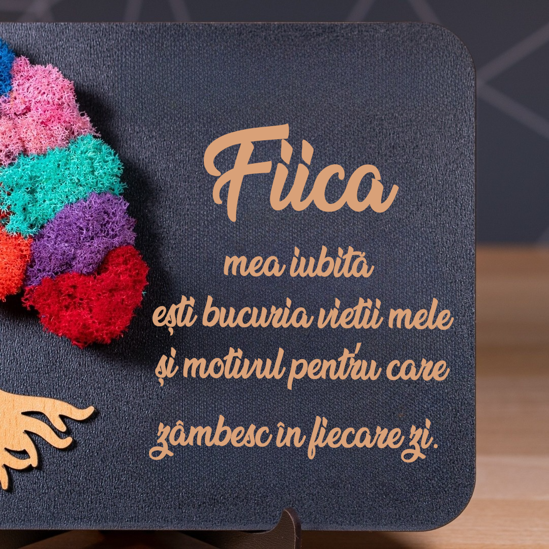 Tablou cu licheni naturali și text dedicat fiicei – cadou simbolic și elegant