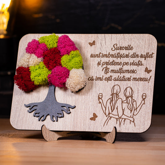 Cadou handmade pentru sora ta – lemn gravat cu licheni stabilizați
