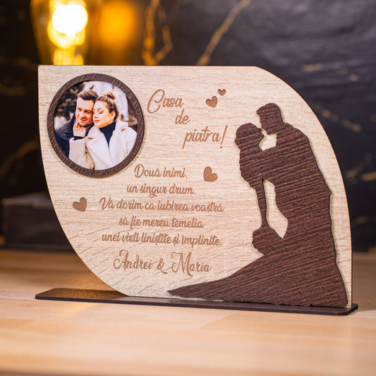 Plachetă decorativă nuntă – mesaj gravat și simboluri romantice 24x17 cm