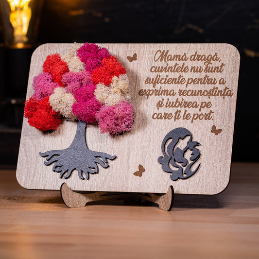 Decor din lemn cu licheni colorați și mesaj emoționant – ideal pentru Ziua Mamei