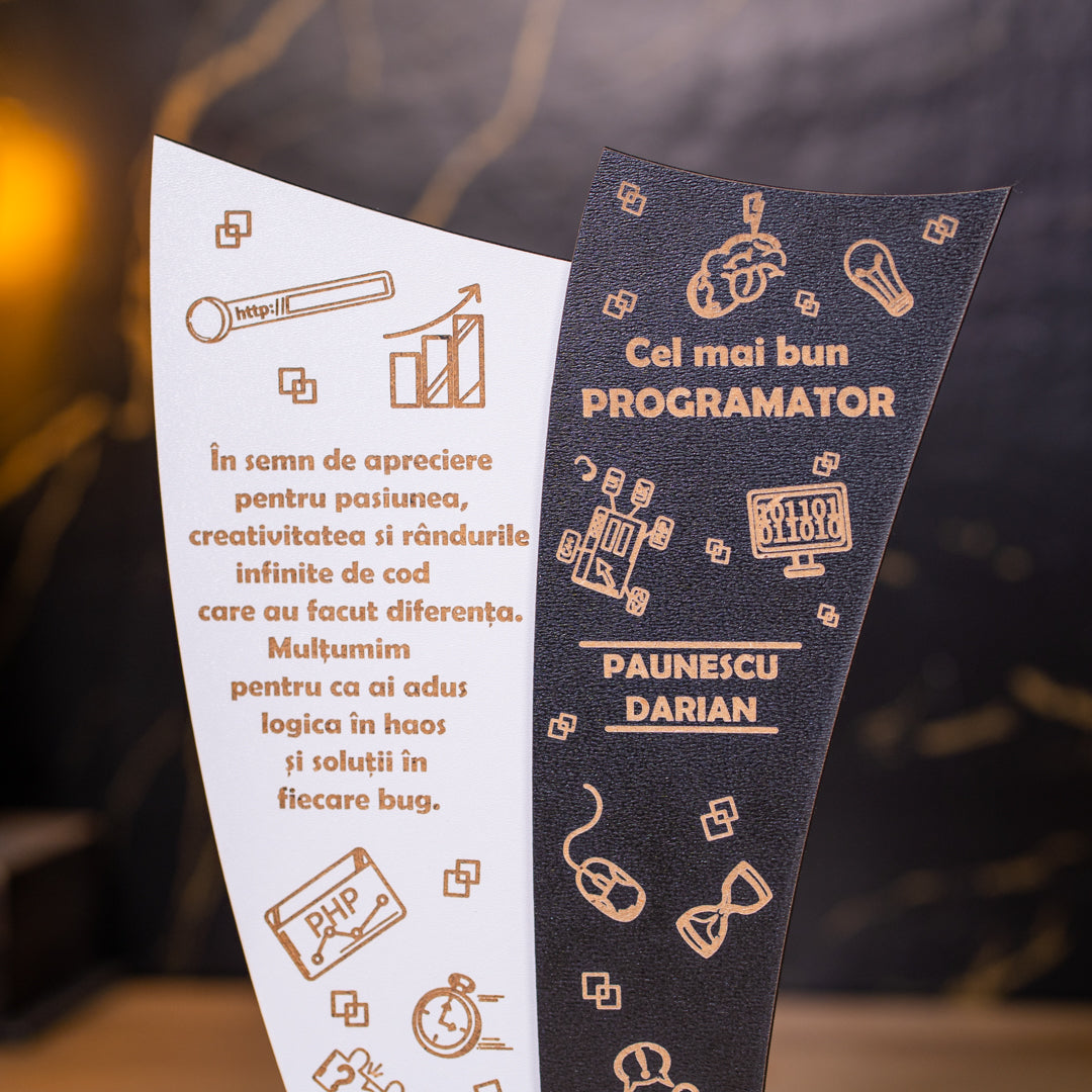 Trofeu IT cu text gravat pentru developeri – design tech modern