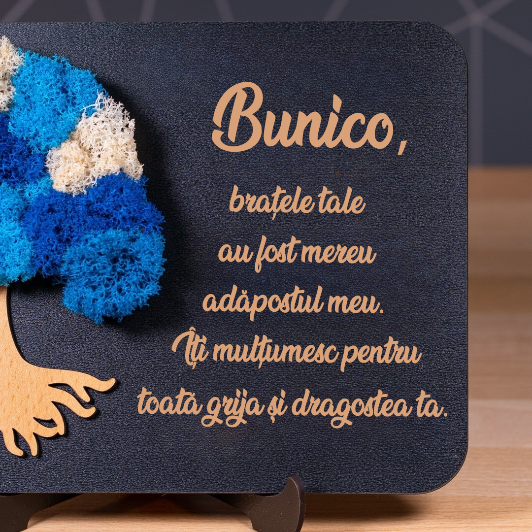 Tablou decorativ cu mesaj pentru bunică și Pomul Vieții din licheni – simbol al iubirii și grijii