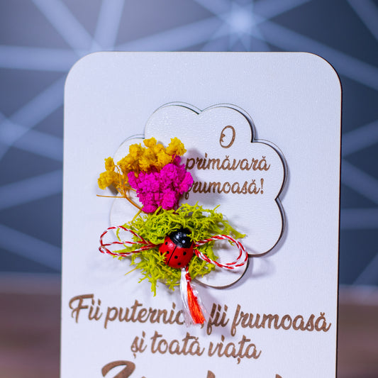Felicitare martisor cu flori uscate si licheni - Zambeste