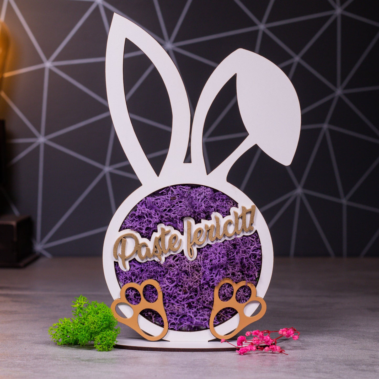 Decoratiune iepure cu licheni - Paste fericit, 13x21cm