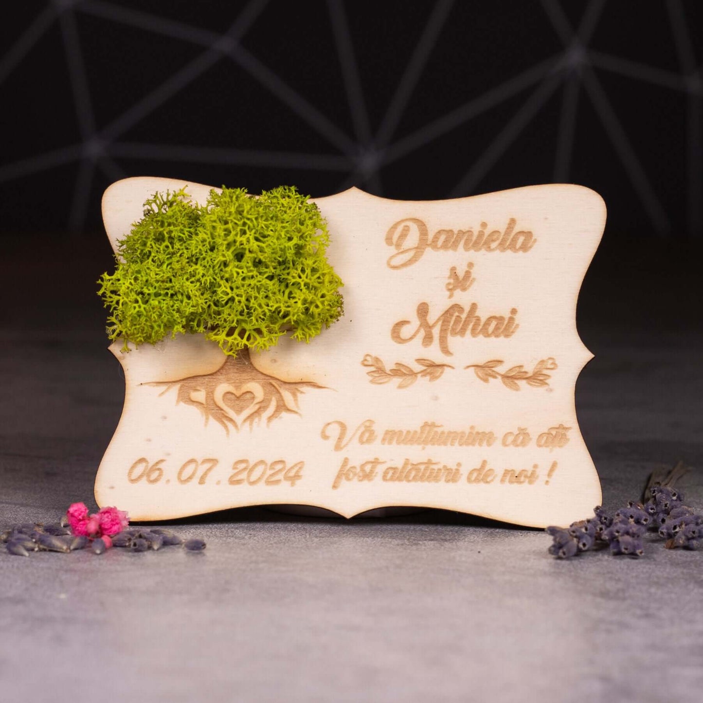 marturii nunta cu licheni model 1, vedere fata, licheni verde deschis