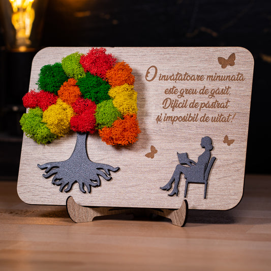 Cadou handmade din lemn gravat și licheni stabilizați pentru profesori