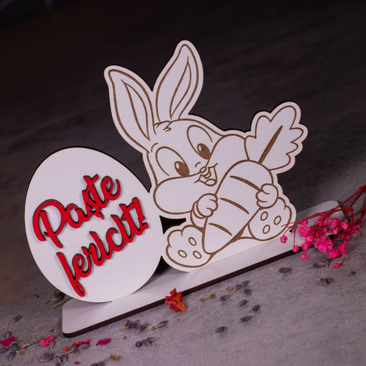 Decoratiune de paste cu iepuras si mesaj - Paste fericit, 15x18cm