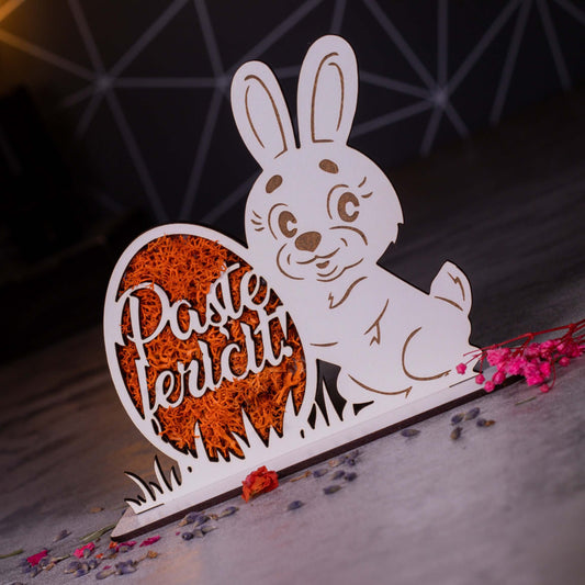 Decorațiune de Paște – Iepuraș și Ou cu Licheni, „Paște Fericit”, 11x12 cm
