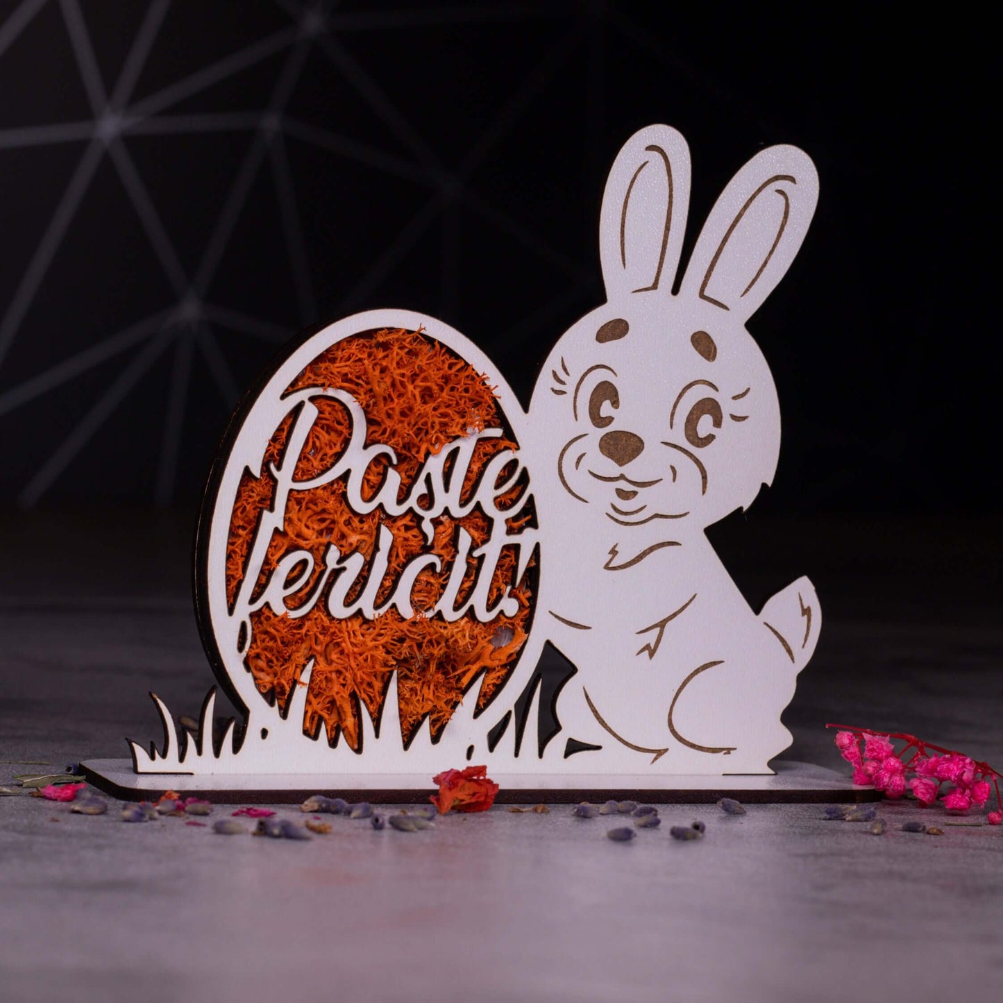 Decorațiune de Paște – Iepuraș și Ou cu Licheni, „Paște Fericit”, 11x12 cm