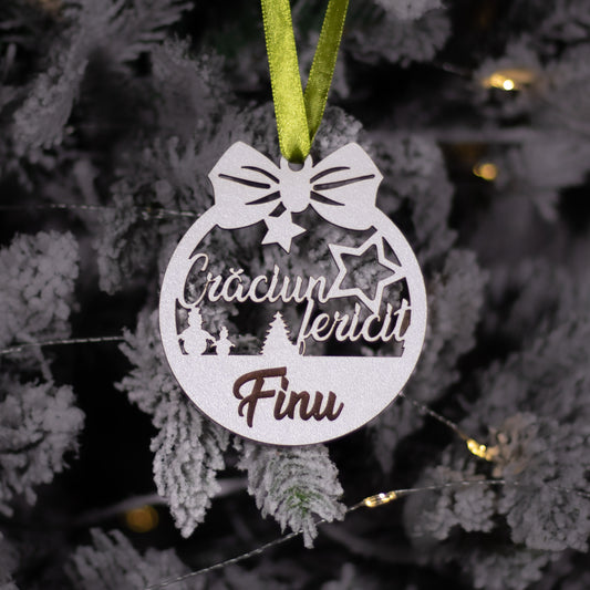 Globuleț din lemn - „Crăciun Fericit” - Finu