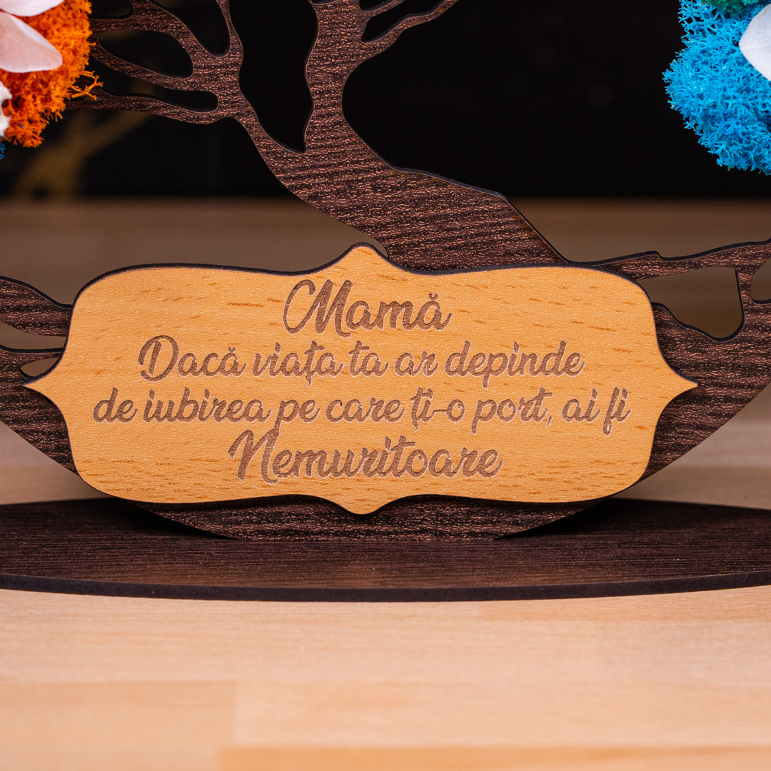 Copacul vietii din lemn cu licheni colorati si mesaj personalizat  - Pentru mama, 21x20cm