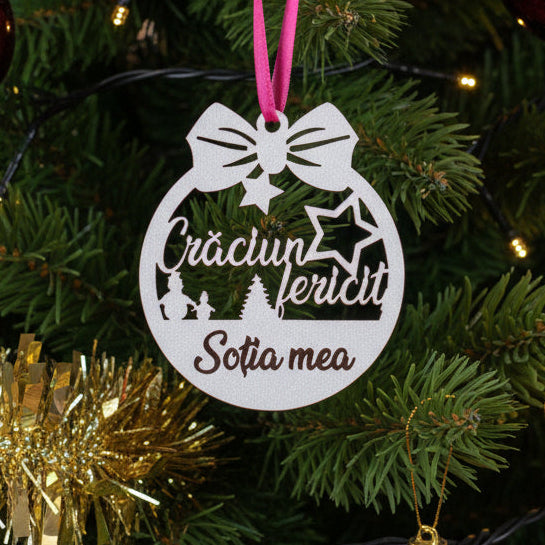 Globuleț din lemn Crăciun Fericit Soția mea cu gravură și panglică roșie