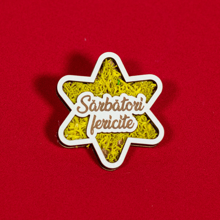 Stea decorativă cu licheni galbeni și urare de sărbători gravată, magnet pentru decor de Crăciun.