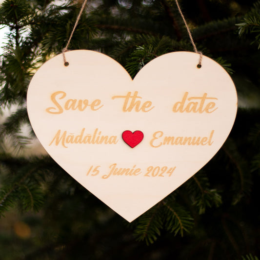 Placuta Save the date personalizata cu numele si data evenimetului, 20x25 cm, Lemn, ES002