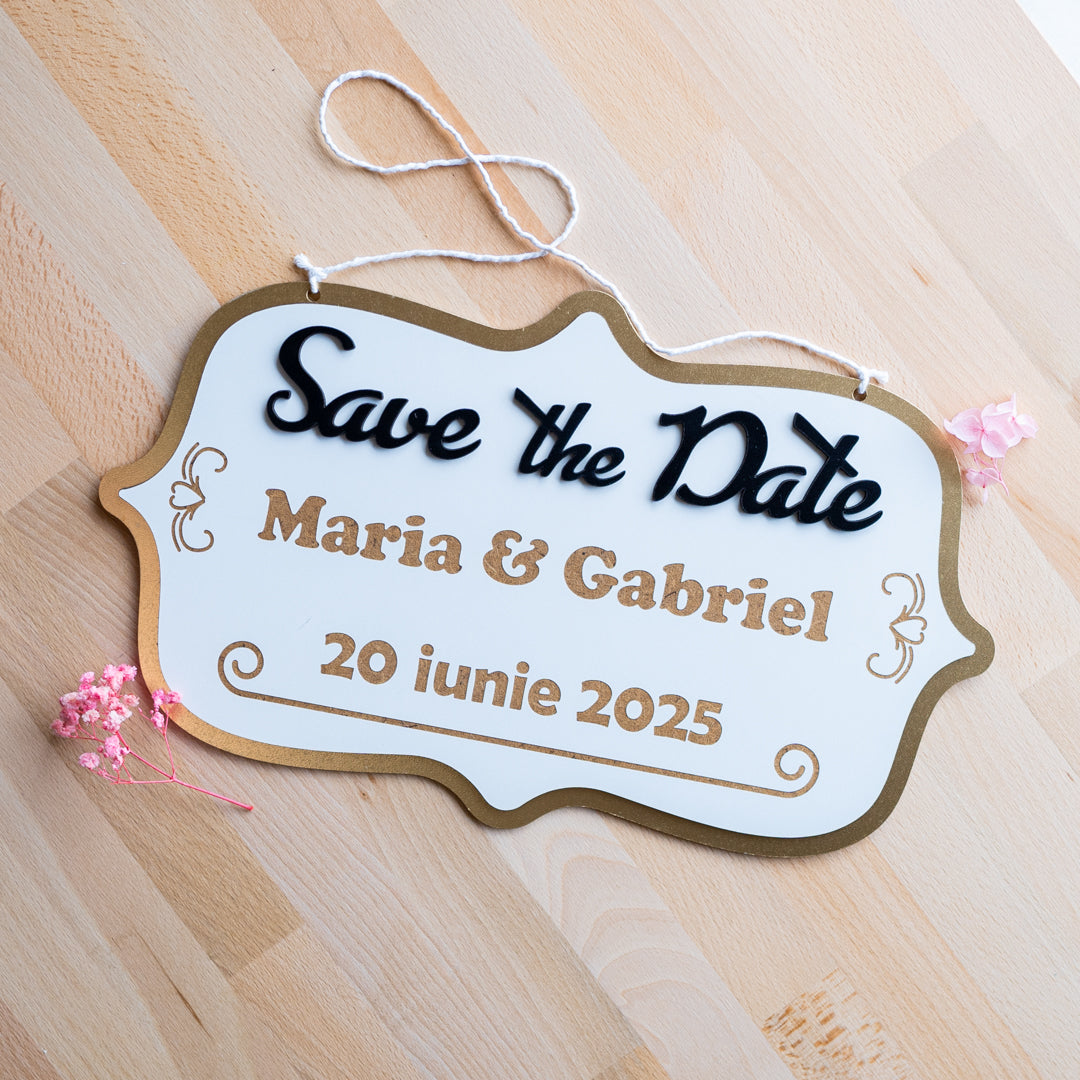 Plăcuță Save the Date vintage personalizată cu margini aurii