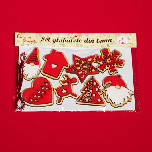 Set globulețe din lemn pentru Crăciun – 8 ornamente decorative alb-albastre