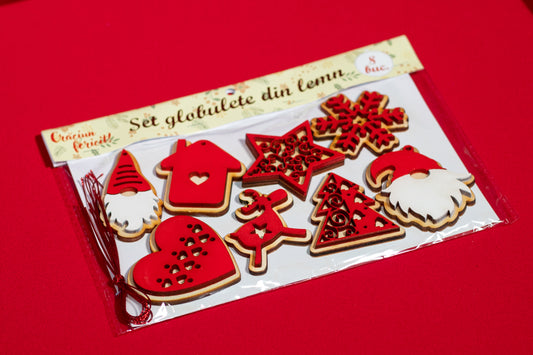 Set globulețe din lemn pentru Crăciun – 8 ornamente decorative alb-albastre